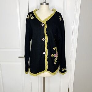 Tally Ho 100% Wool Embroidered Cardigan Sweater Floral Velvet Ruffle Trim Sz 1X